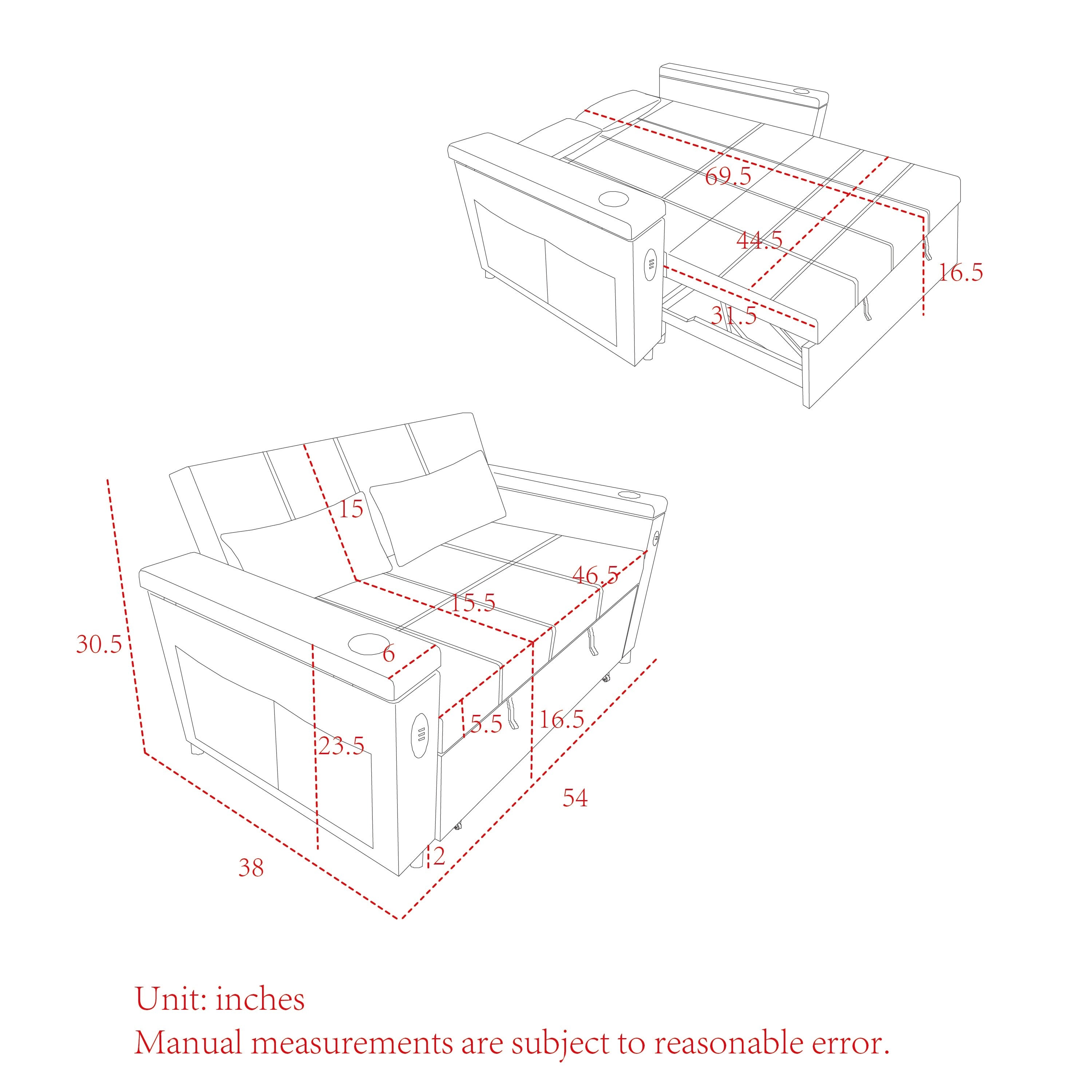 Canapé deux places en tissu noir 54'' : lit gigogne, rangement d'accoudoir et port de chargement USB