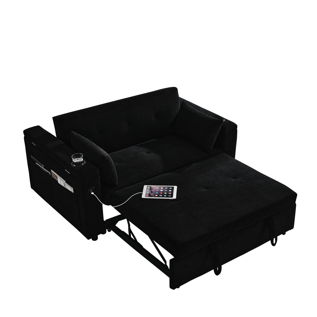 Canapé deux places en tissu noir 54'' : lit gigogne, rangement d'accoudoir et port de chargement USB