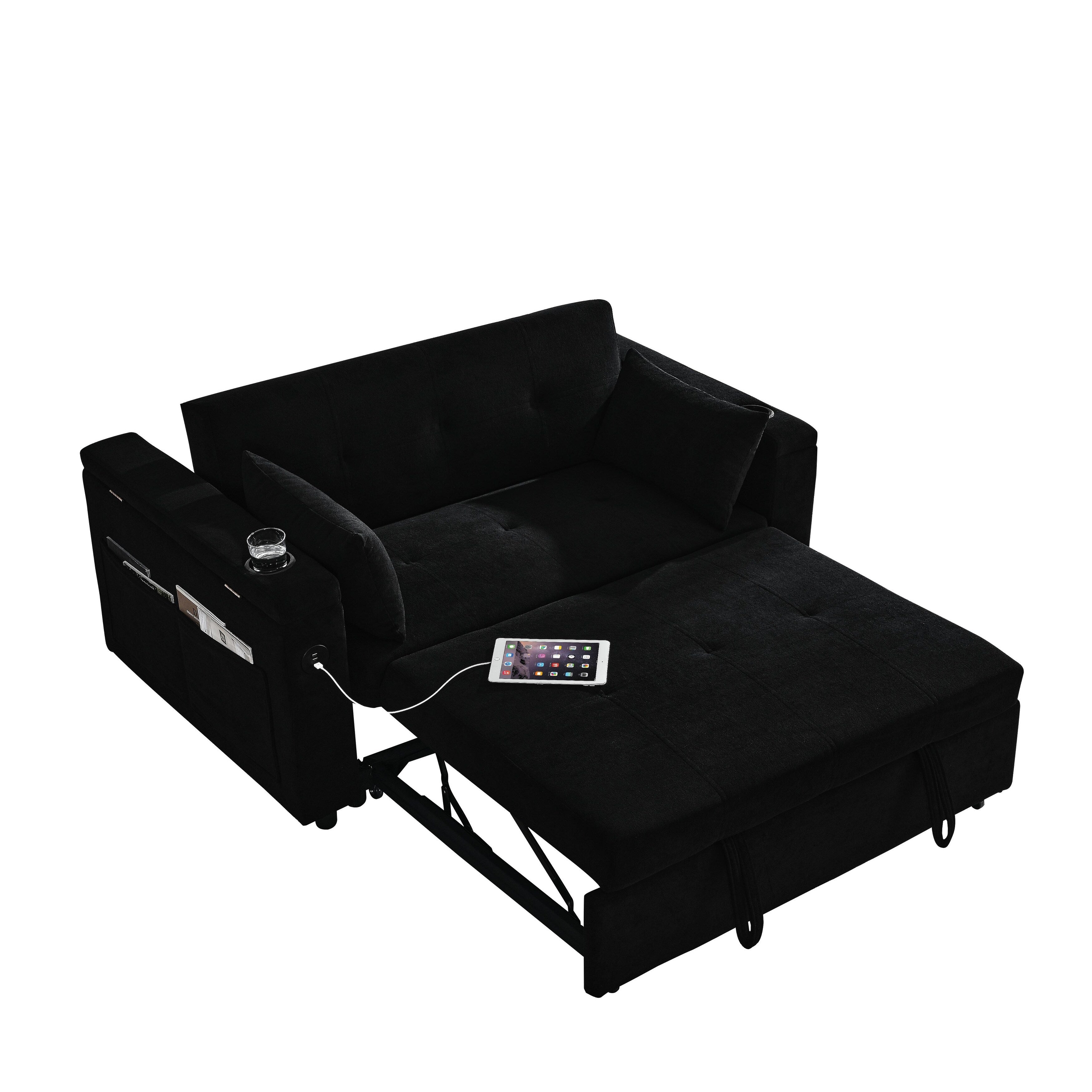Canapé deux places en tissu noir 54'' : lit gigogne, rangement d'accoudoir et port de chargement USB