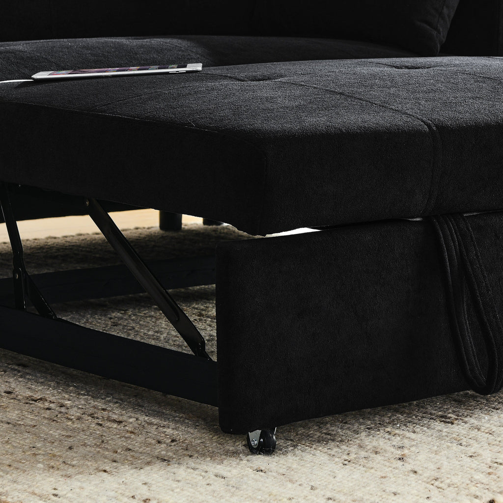 Canapé deux places en tissu noir 54'' : lit gigogne, rangement d'accoudoir et port de chargement USB
