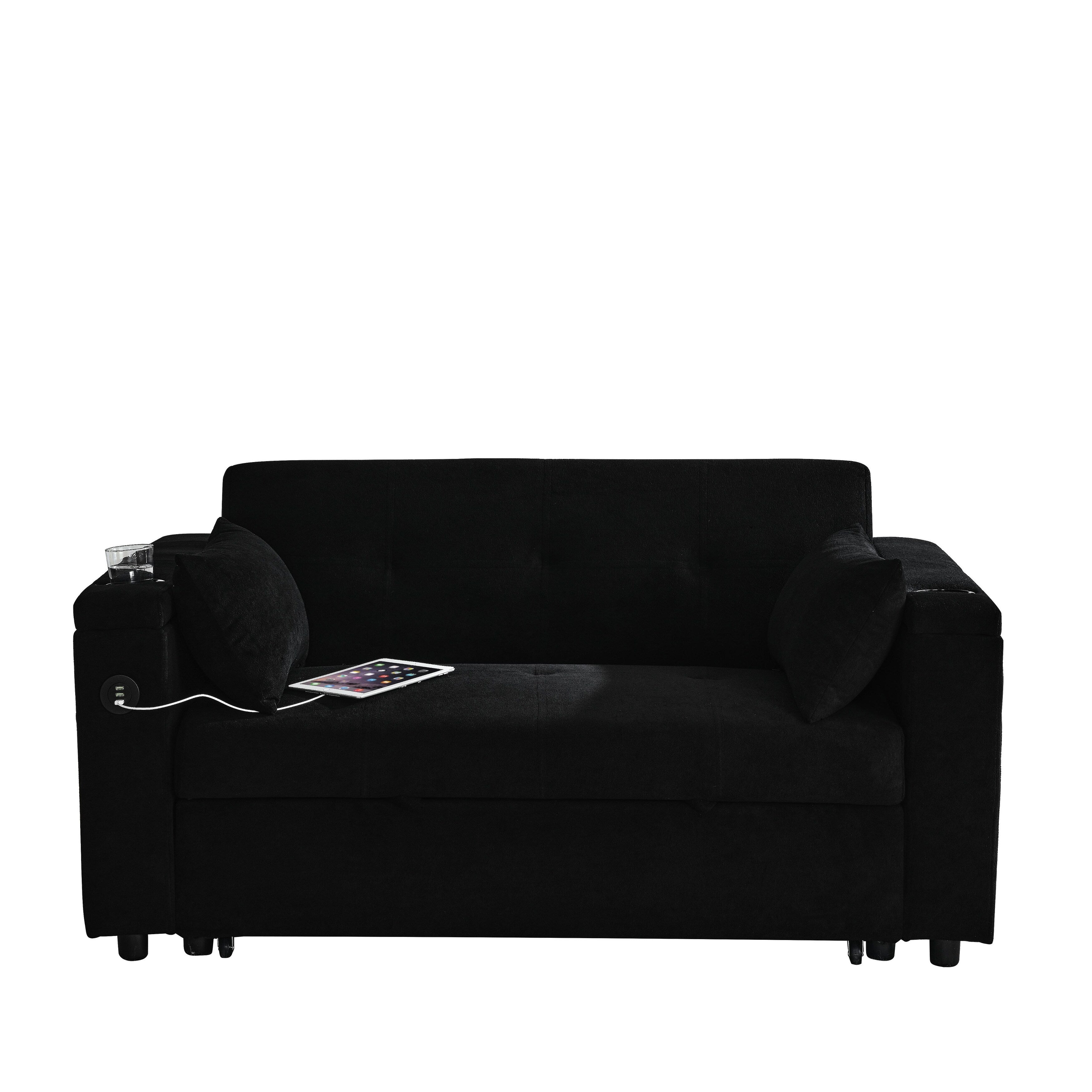 Canapé deux places en tissu noir 54'' : lit gigogne, rangement d'accoudoir et port de chargement USB