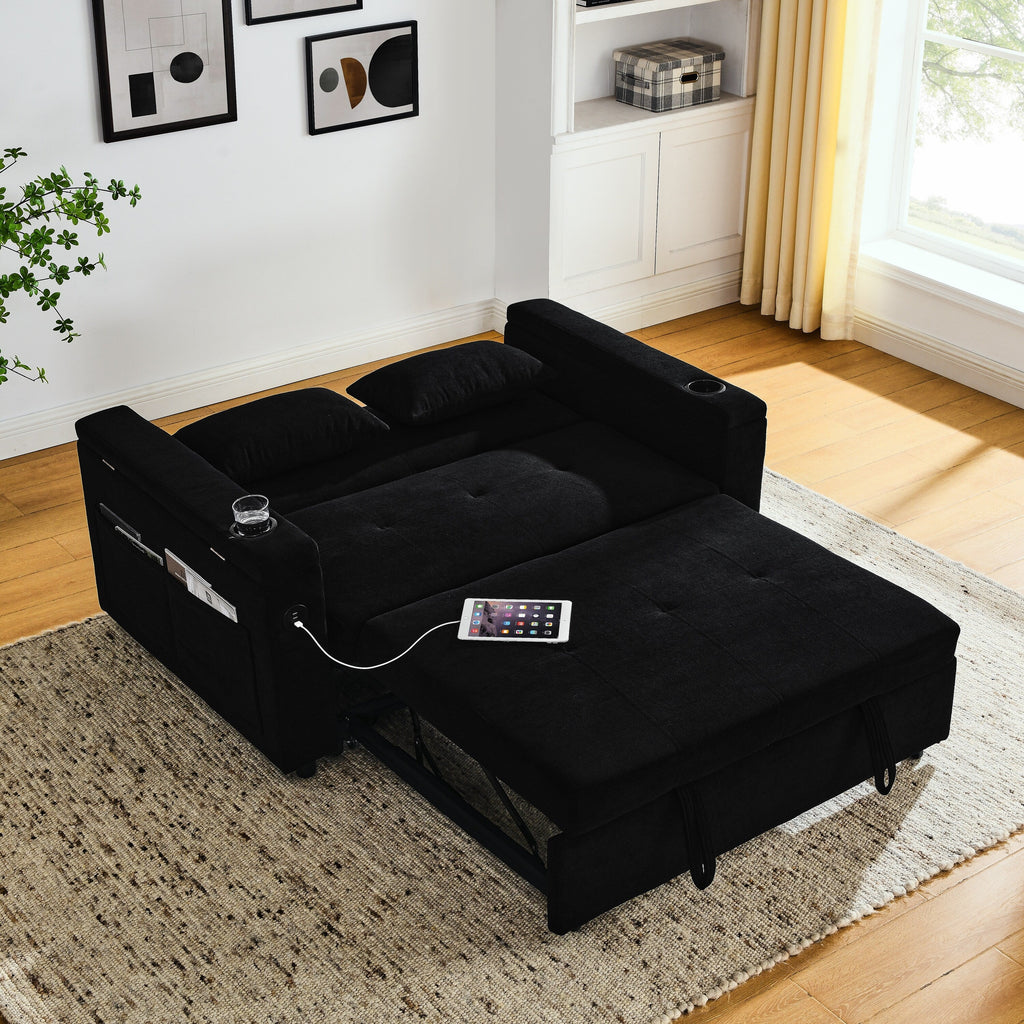 Canapé deux places en tissu noir 54'' : lit gigogne, rangement d'accoudoir et port de chargement USB