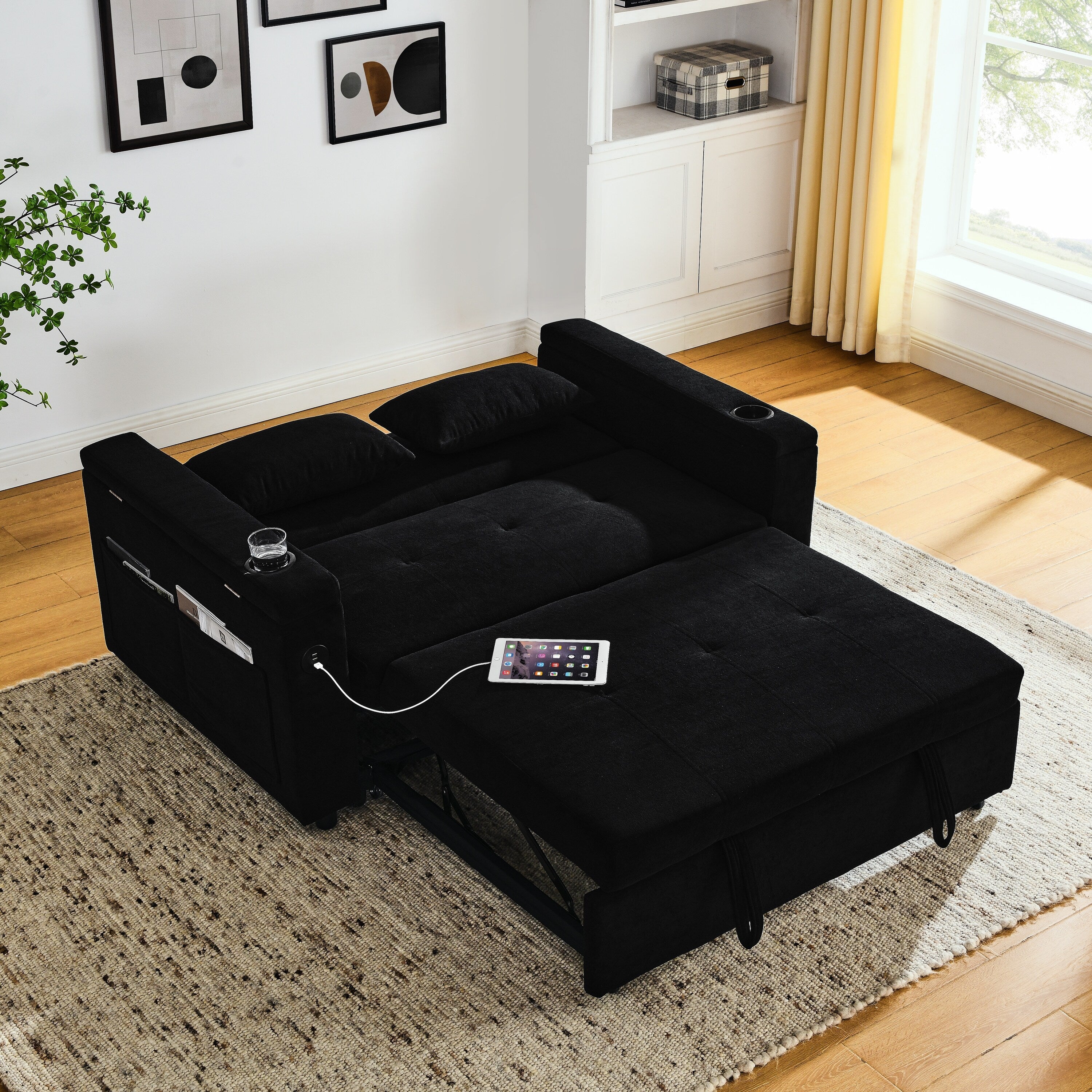 Canapé deux places en tissu noir 54'' : lit gigogne, rangement d'accoudoir et port de chargement USB