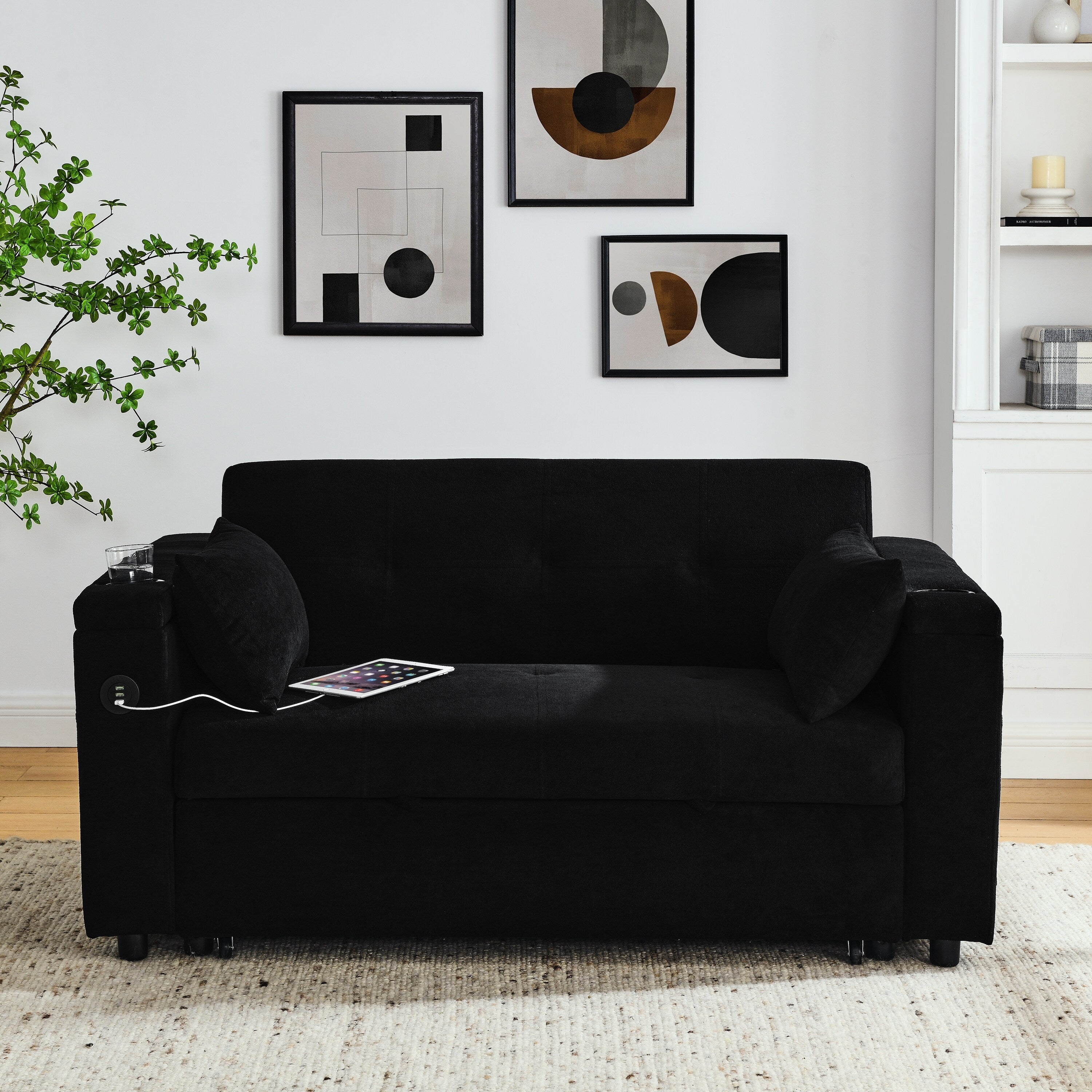 Canapé deux places en tissu noir 54'' : lit gigogne, rangement d'accoudoir et port de chargement USB