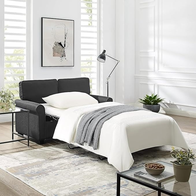 Canapé causeuse en lin noir 57,1 pouces avec accoudoirs roulés, matelas en mousse à mémoire de forme et pieds en plastique pour le salon