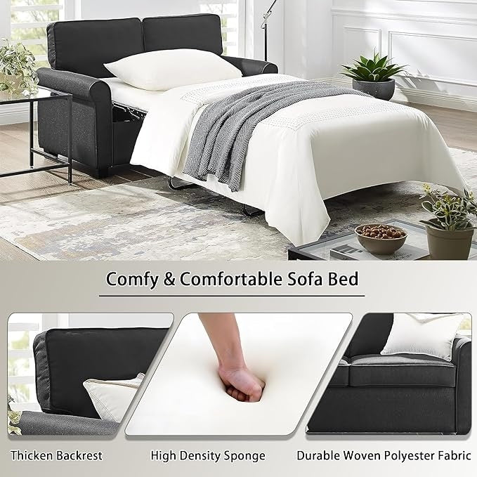 Canapé causeuse en lin noir 57,1 pouces avec accoudoirs roulés, matelas en mousse à mémoire de forme et pieds en plastique pour le salon