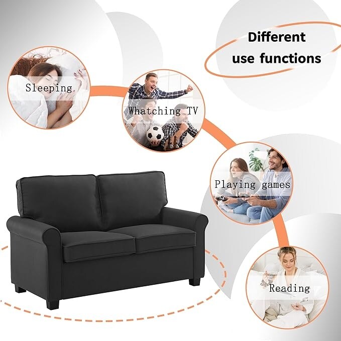 Canapé causeuse en lin noir 57,1 pouces avec accoudoirs roulés, matelas en mousse à mémoire de forme et pieds en plastique pour le salon