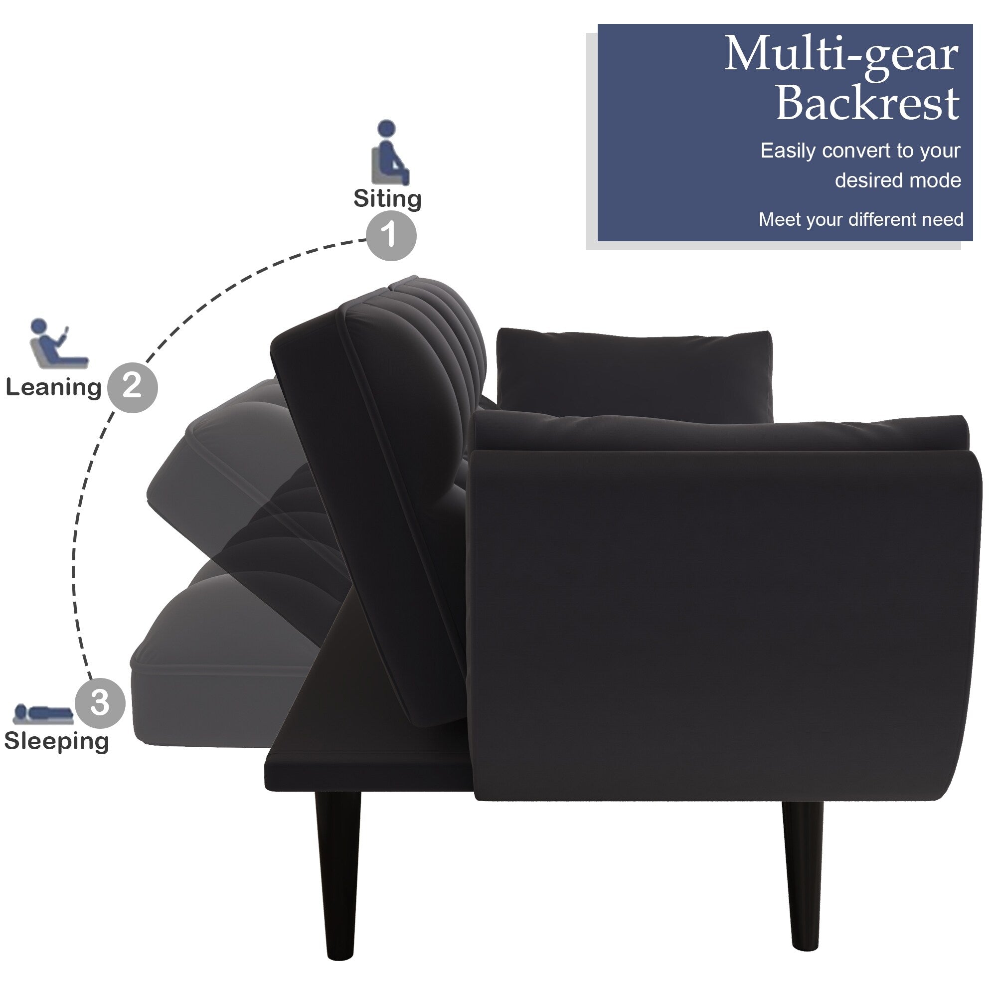 Canapé convertible 2 places en velours noir 57 avec dossier réglable, accoudoirs et rembourrage moelleux pour petits espaces