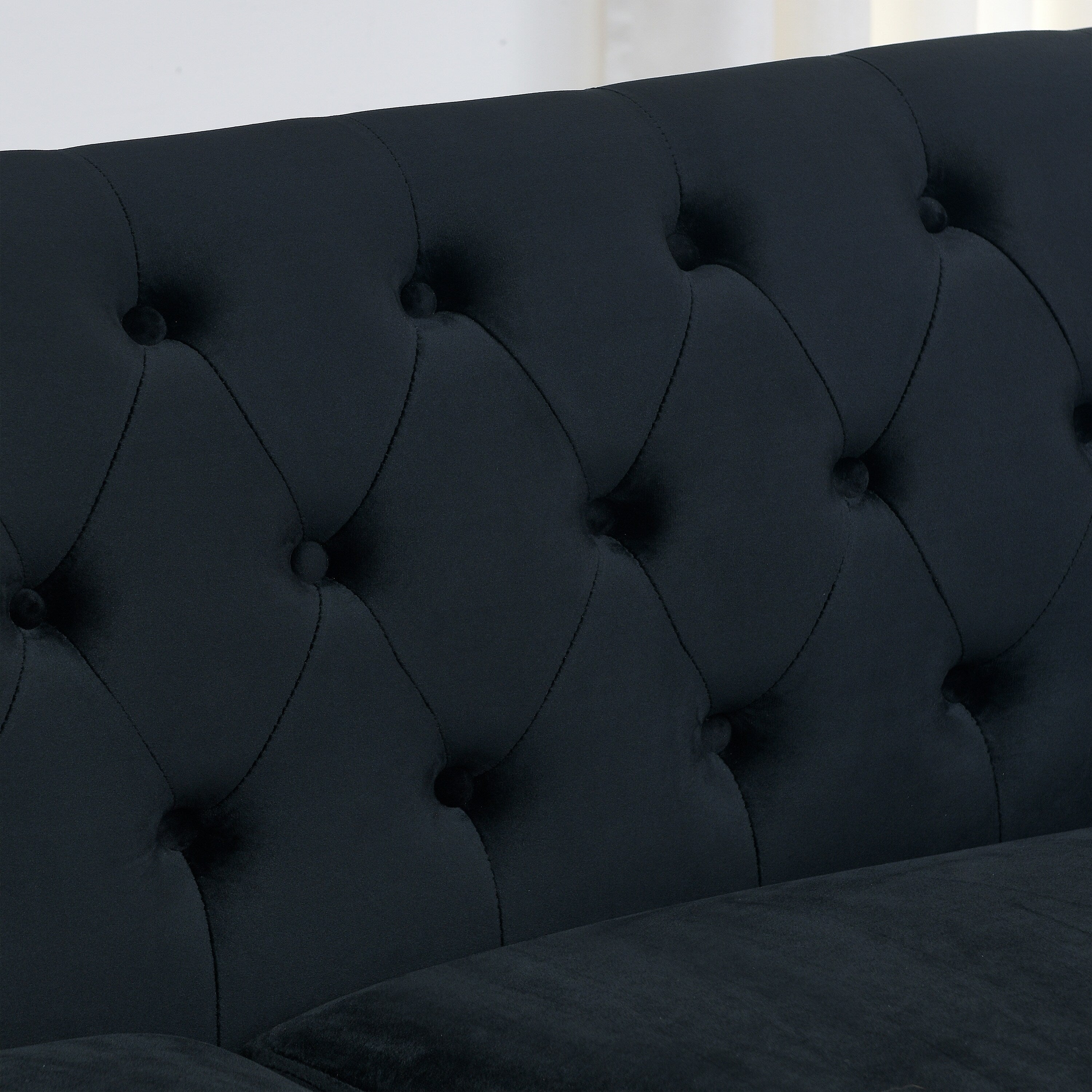 Canapé 2 places en velours noir moderne de 59 pouces avec dossiers capitonnés, garniture cloutée et 2 oreillers