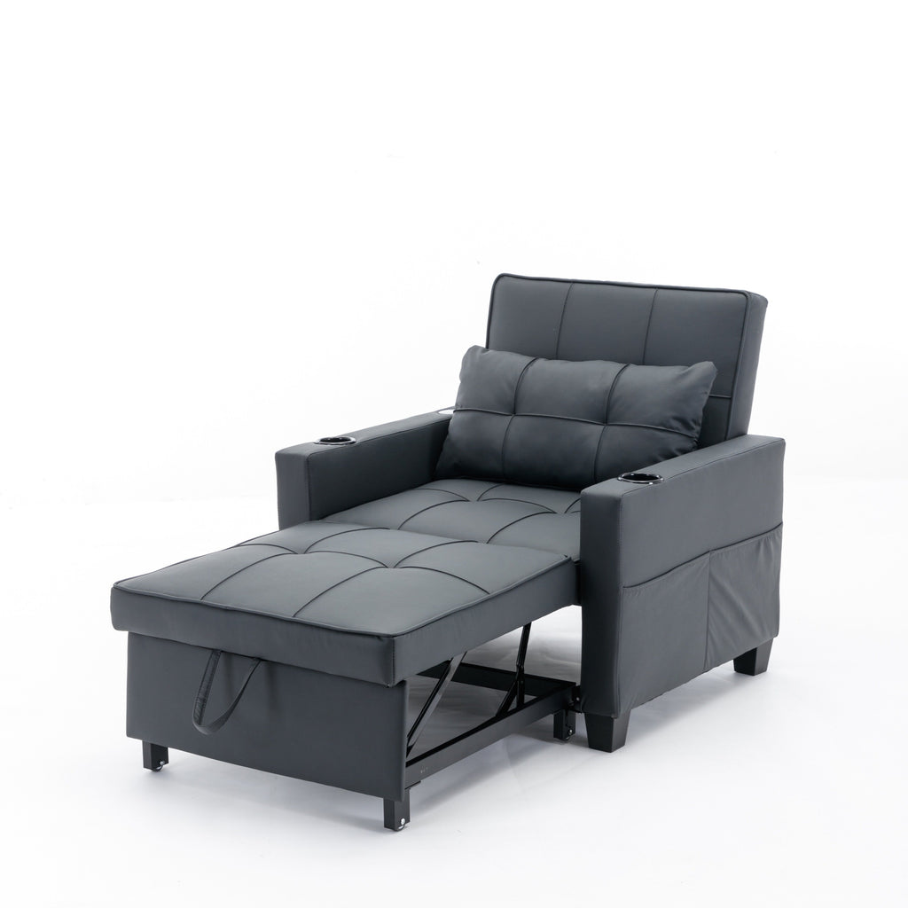 Canapé convertible 3 en 1 en similicuir noir 68.12 avec ports USB et tissu résistant à l'usure pour le salon
