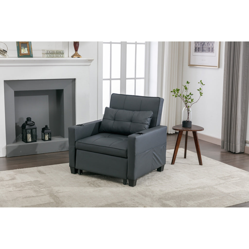 Canapé convertible 3 en 1 en similicuir noir 68.12 avec ports USB et tissu résistant à l'usure pour le salon