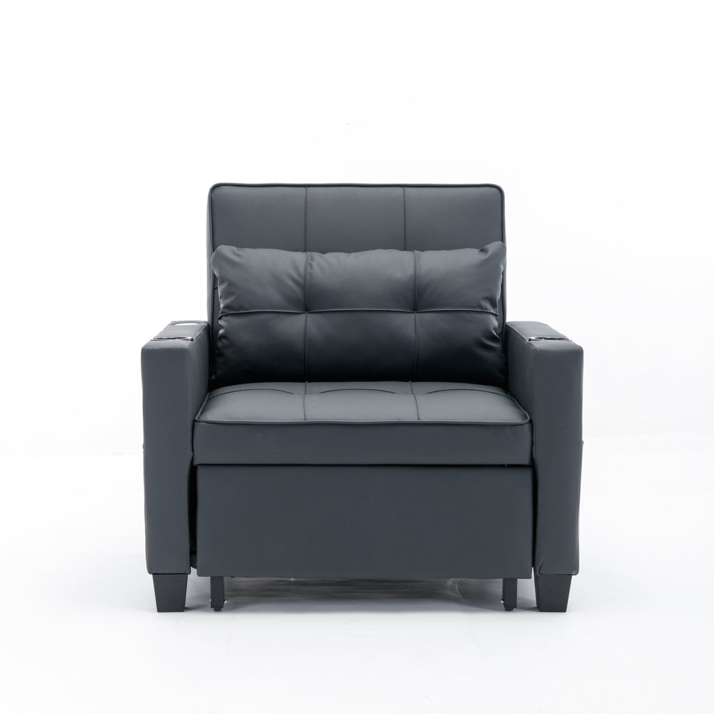 Canapé convertible 3 en 1 en similicuir noir 68.12 avec ports USB et tissu résistant à l'usure pour le salon