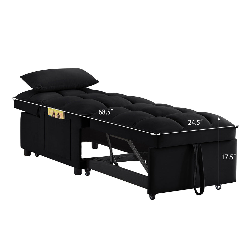 Canapé-lit simple pliant en velours noir 68,5 avec dossier réglable et oreillers pour salon