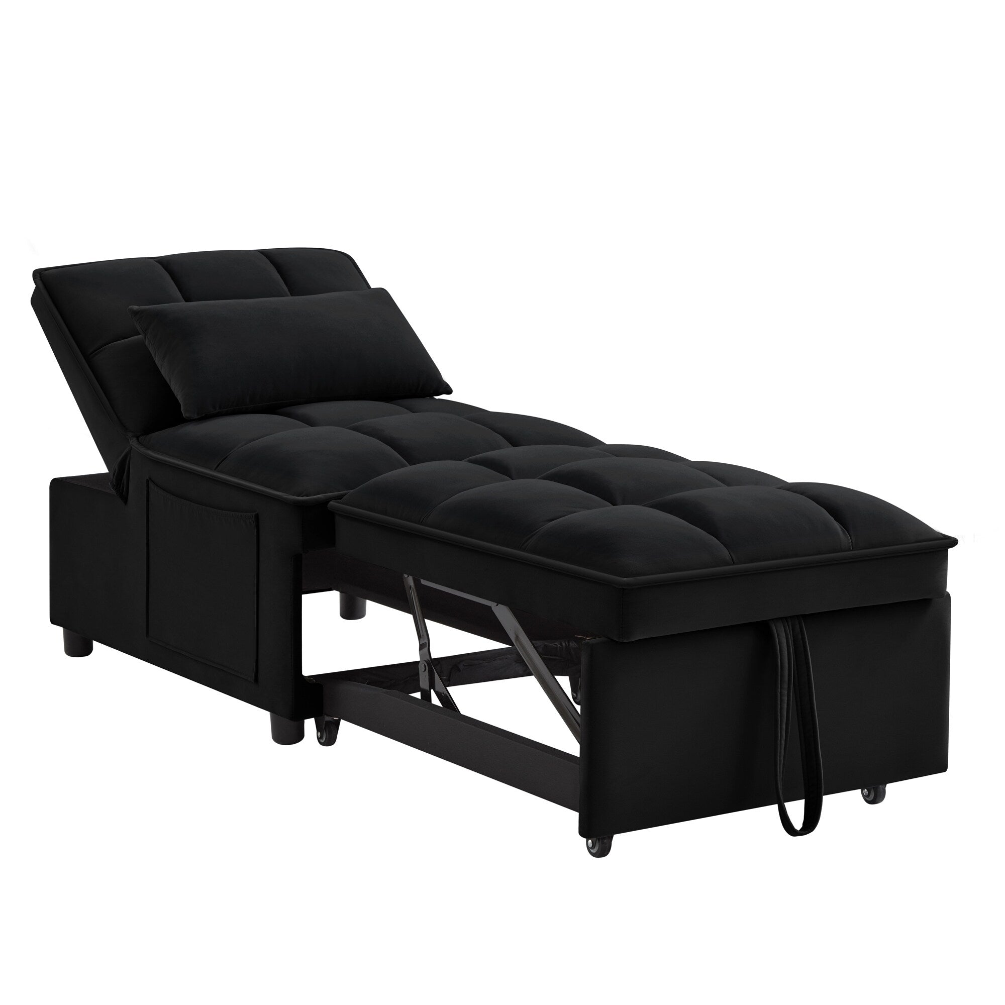 Canapé-lit simple pliant en velours noir 68,5 avec dossier réglable et oreillers pour salon