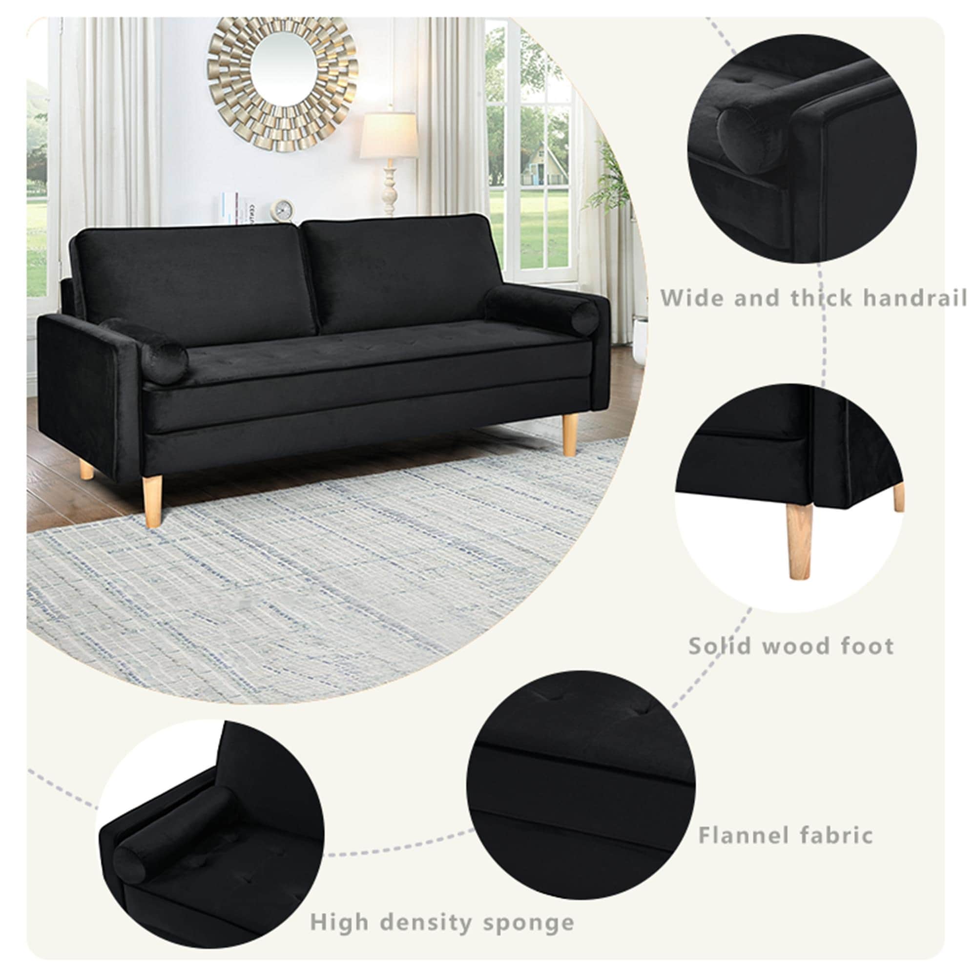 Canapé 3 places noir 70 avec coussin de remplissage en coton élastique et poupée de haute qualité pour le salon