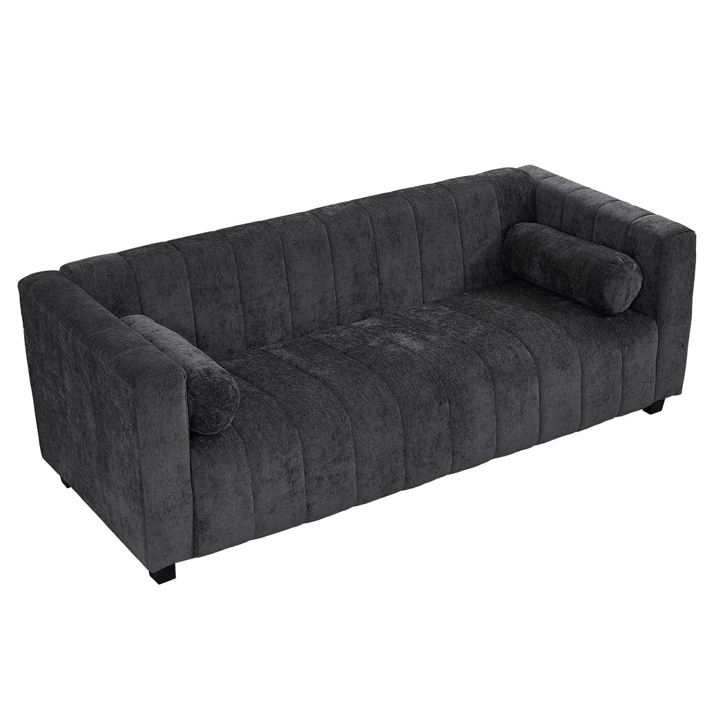 Canapé 3 places rembourré en chenille noire de 78,7 pouces avec assise extra-large et coussins amovibles