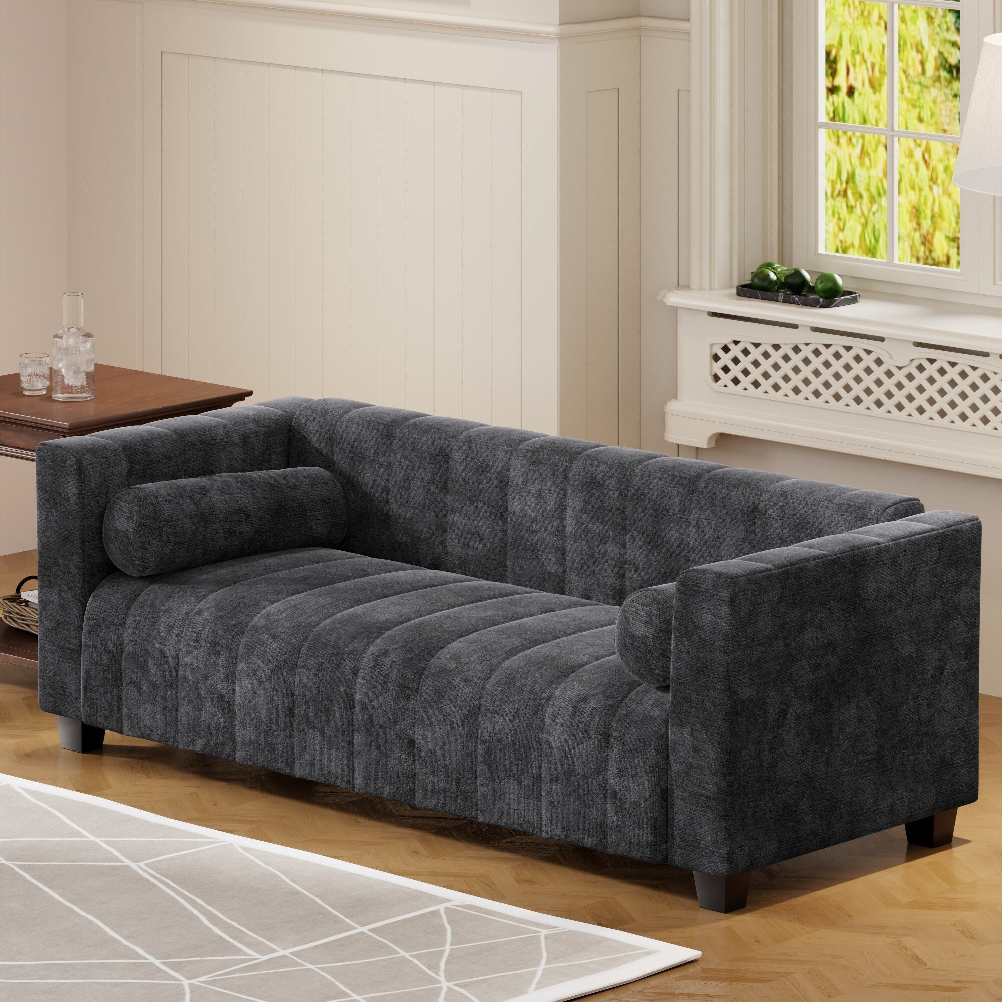 Canapé 3 places rembourré en chenille noire de 78,7 pouces avec assise extra-large et coussins amovibles