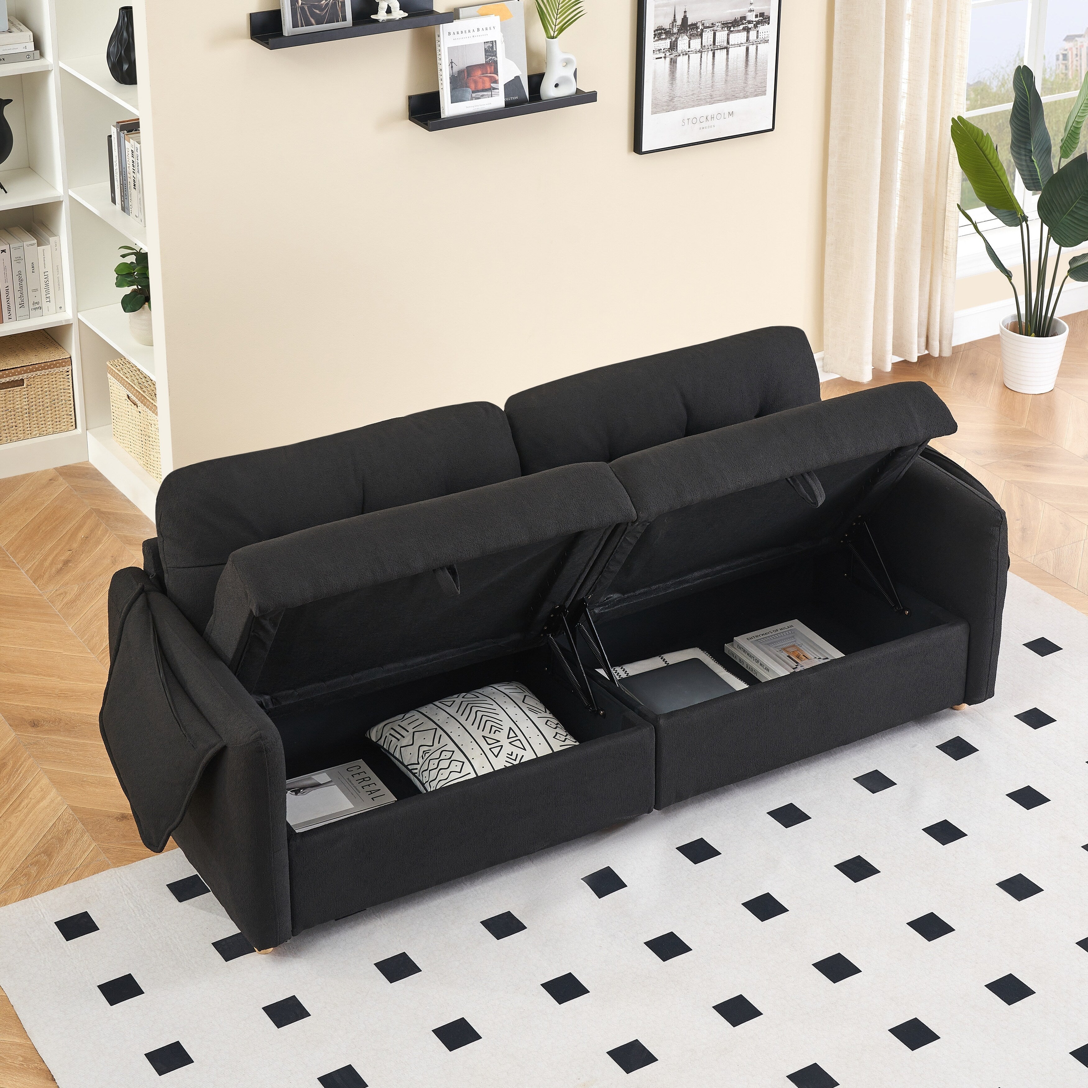 Canapé 3 places rembourré en tissu Teddy noir 79,50 $ avec rangement d'assise dissimulé pour le salon