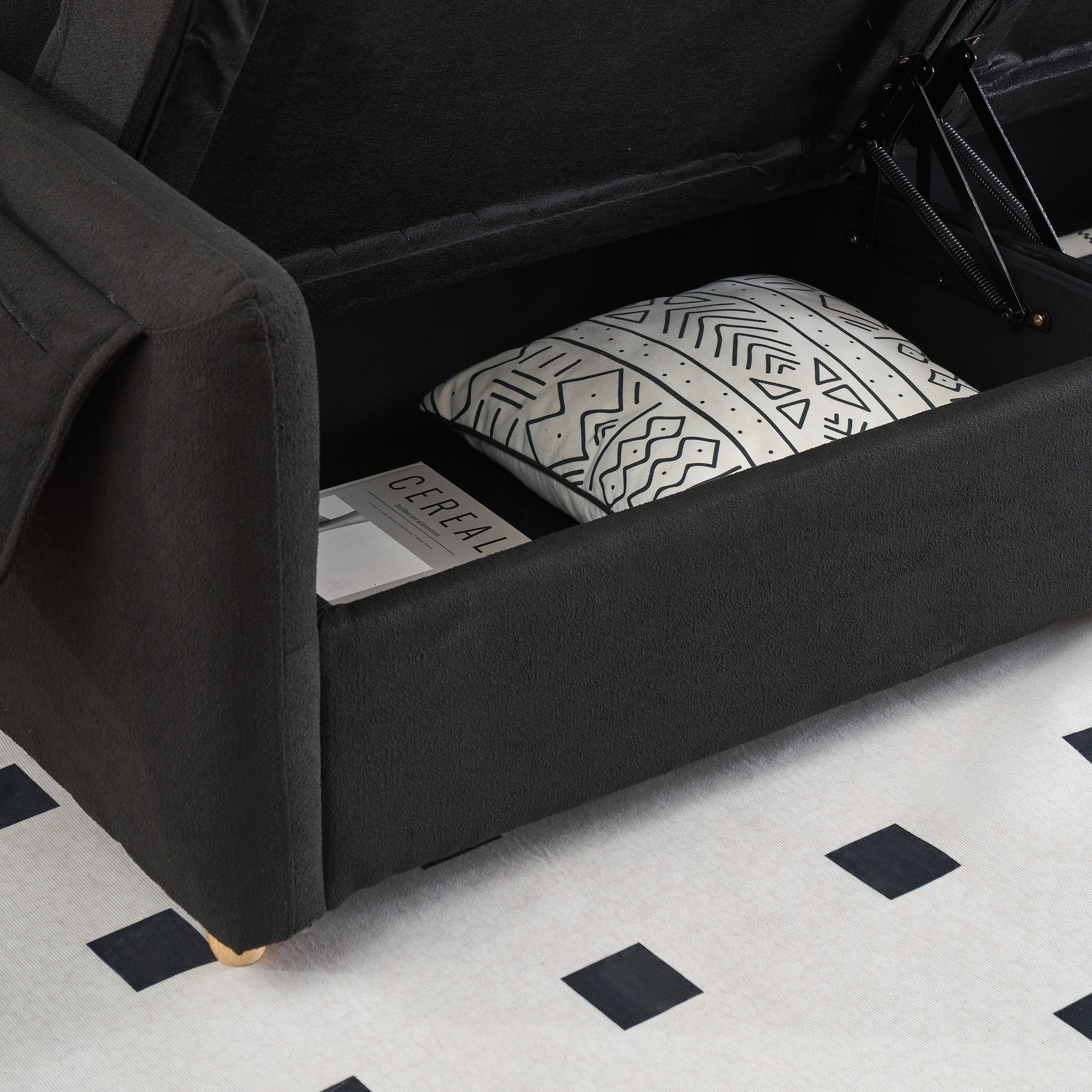 Canapé 3 places rembourré en tissu Teddy noir 79,50 $ avec rangement d'assise dissimulé pour le salon