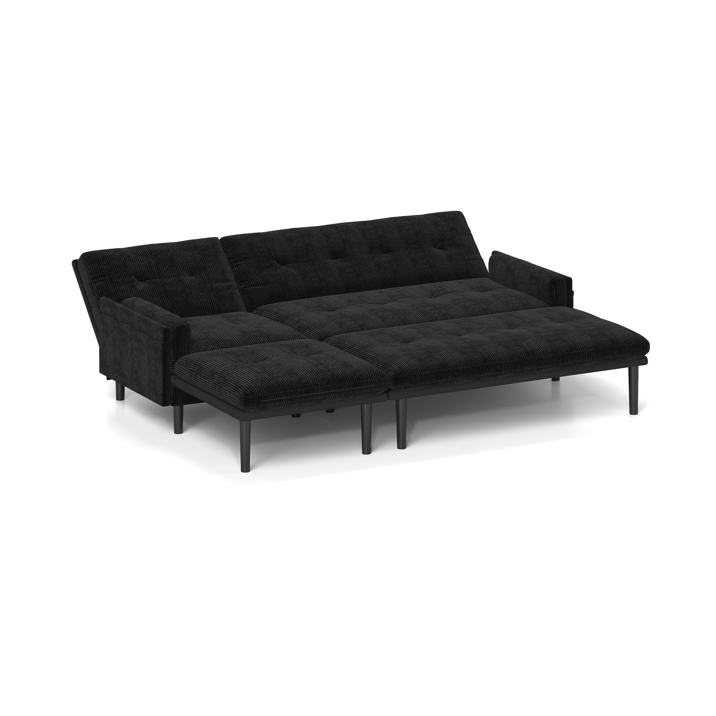 Canapé 3 places multifonctionnel réglable en velours côtelé noir 80.7, convertible en L et lit d'appoint