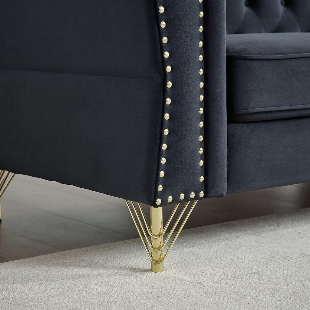 Canapé 3 places en velours noir 81,8 avec canapé capitonné et pieds en métal pour le salon