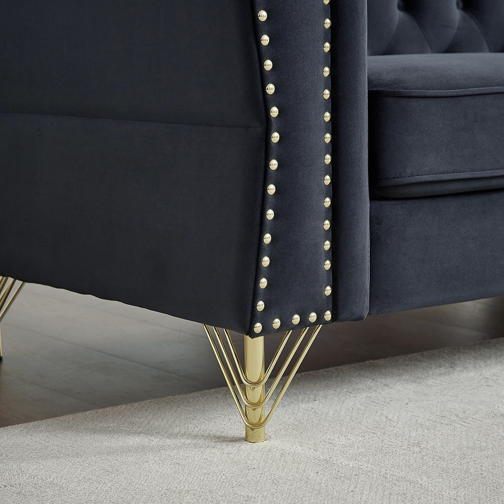 Canapé 3 places en velours noir de 81,8 po avec pieds en métal, garniture cloutée et rembourrage en mousse