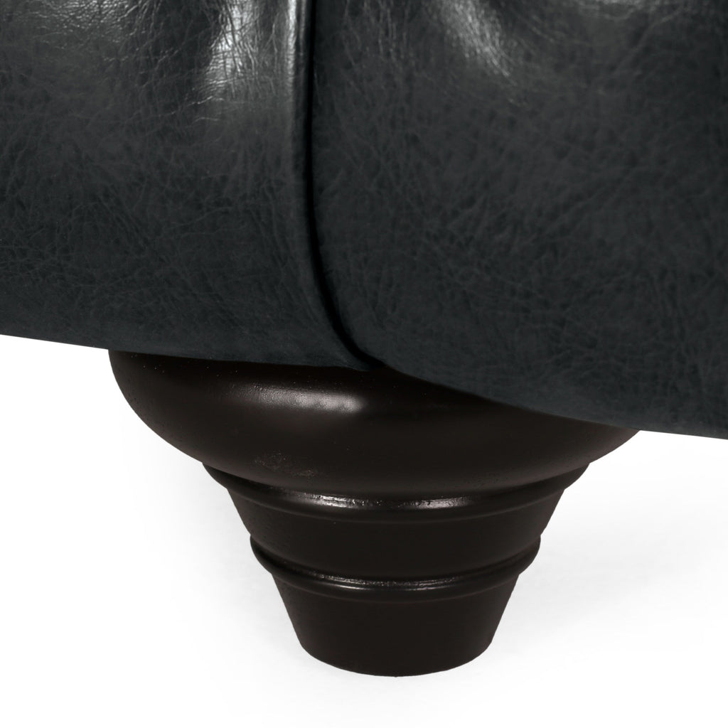 Canapé 3 places en similicuir noir 83,5" avec dossier capitonné, larges accoudoirs et pieds en bois vintage