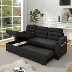 Canapé-lit convertible 3 places noir de 83,5 pouces avec lit gigogne, lumières LED, ports USB et méridienne de rangement