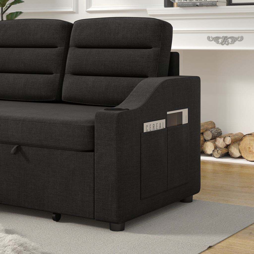 Canapé-lit convertible 3 places noir de 83,5 pouces avec lumières LED, ports USB, lit gigogne et méridienne de rangement