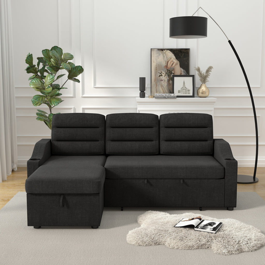 Canapé-lit convertible 3 places noir de 83,5 pouces avec lumières LED, ports USB, lit gigogne et méridienne de rangement