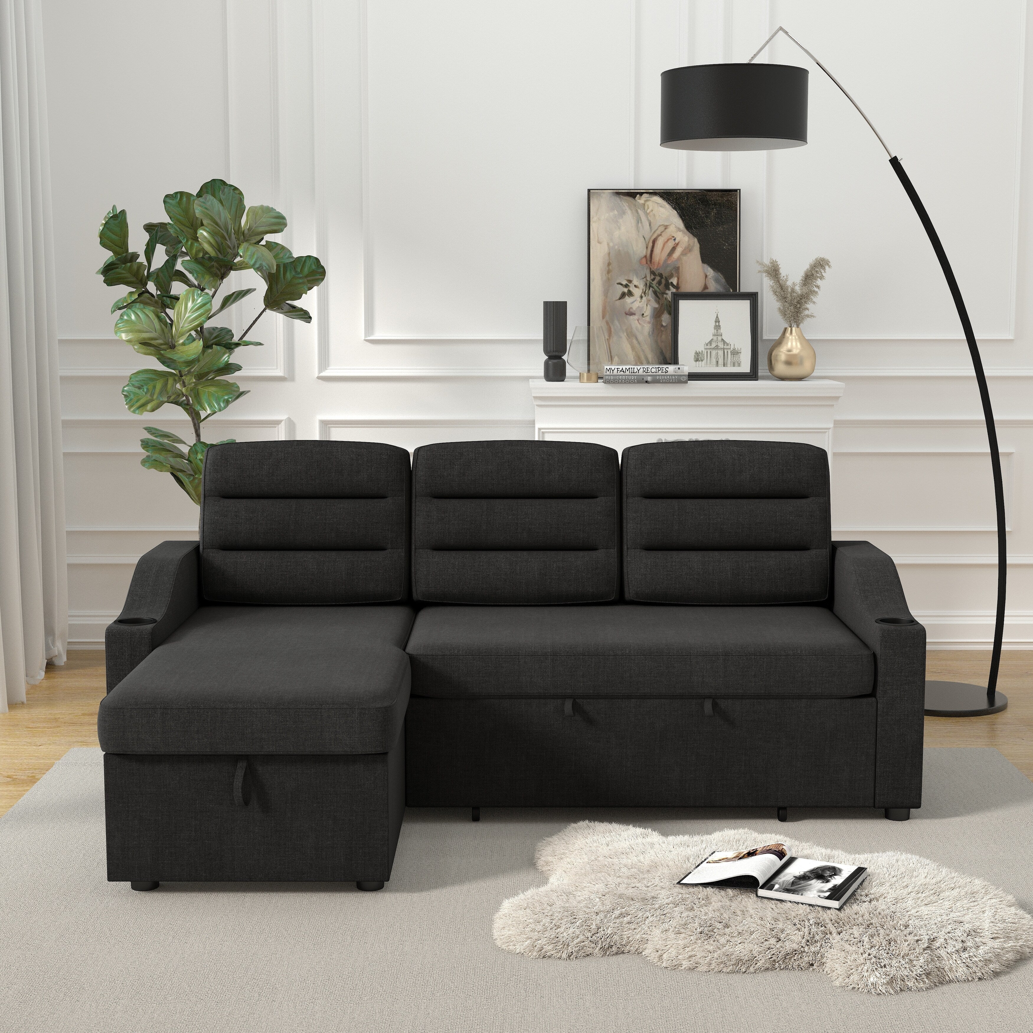 Canapé-lit convertible 3 places noir de 83,5 pouces avec lit gigogne, lumières LED, ports USB et méridienne de rangement