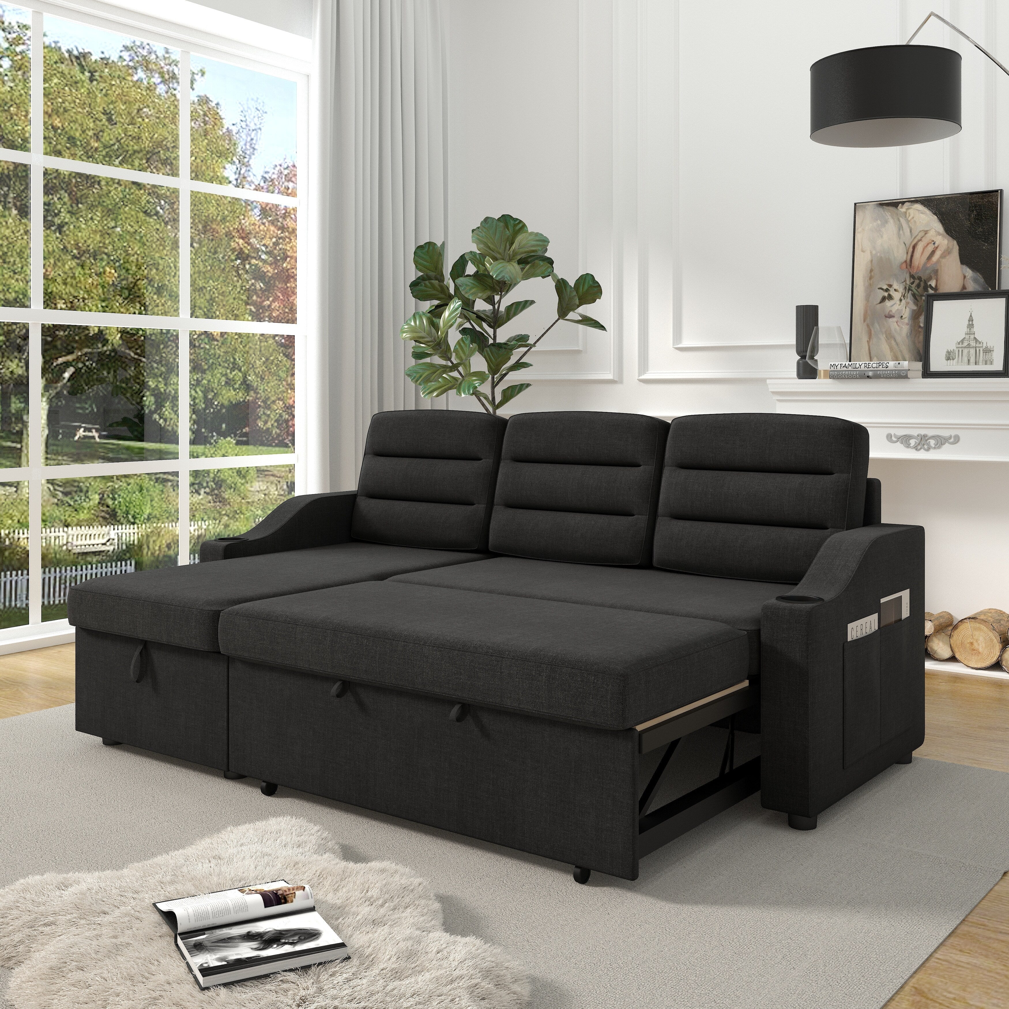 Canapé-lit convertible 3 places noir de 83,5 pouces avec lit gigogne, ports USB, lumières LED et méridienne de rangement