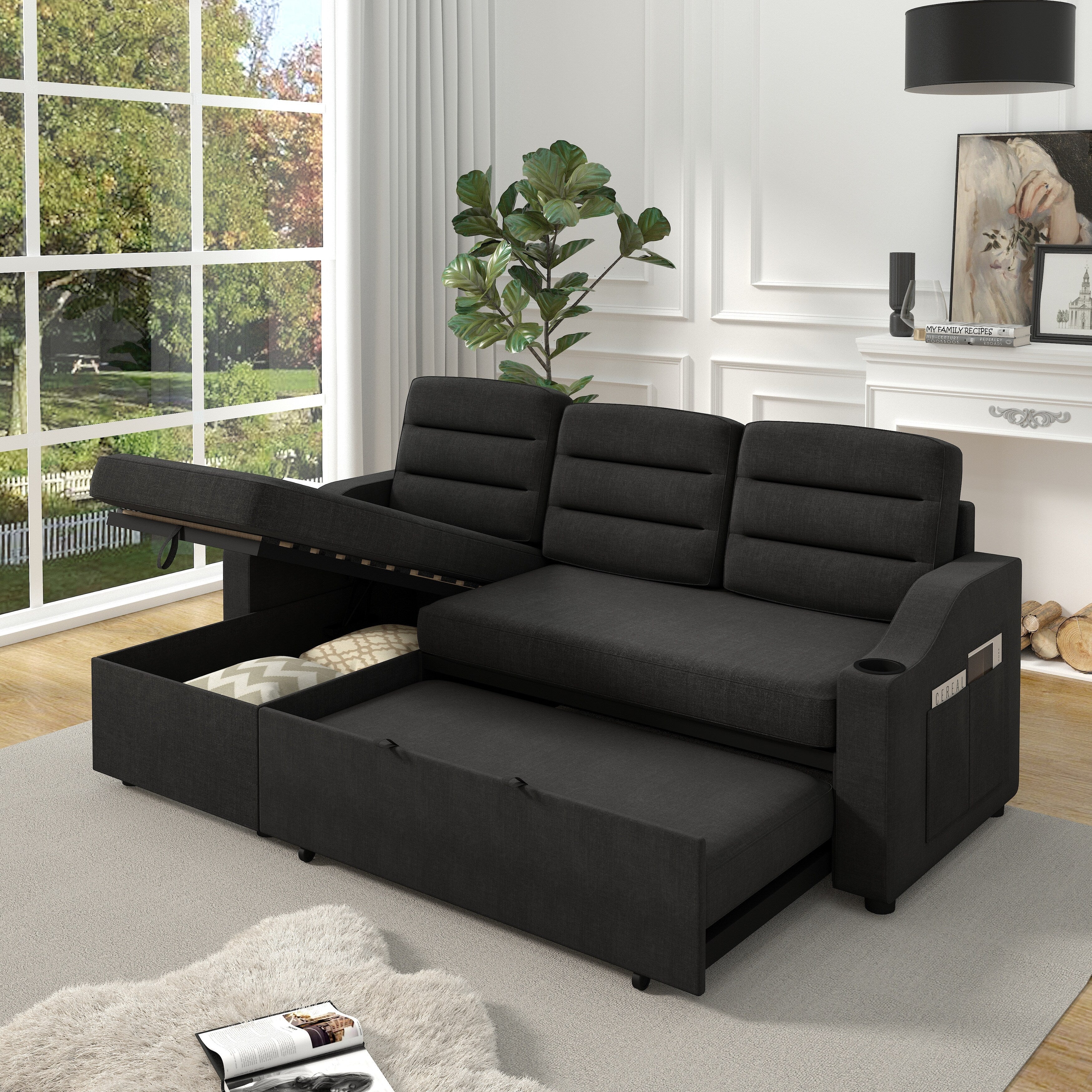 Canapé-lit convertible noir de 83,5 pouces avec lit gigogne, éclairage LED, ports USB et méridienne de rangement