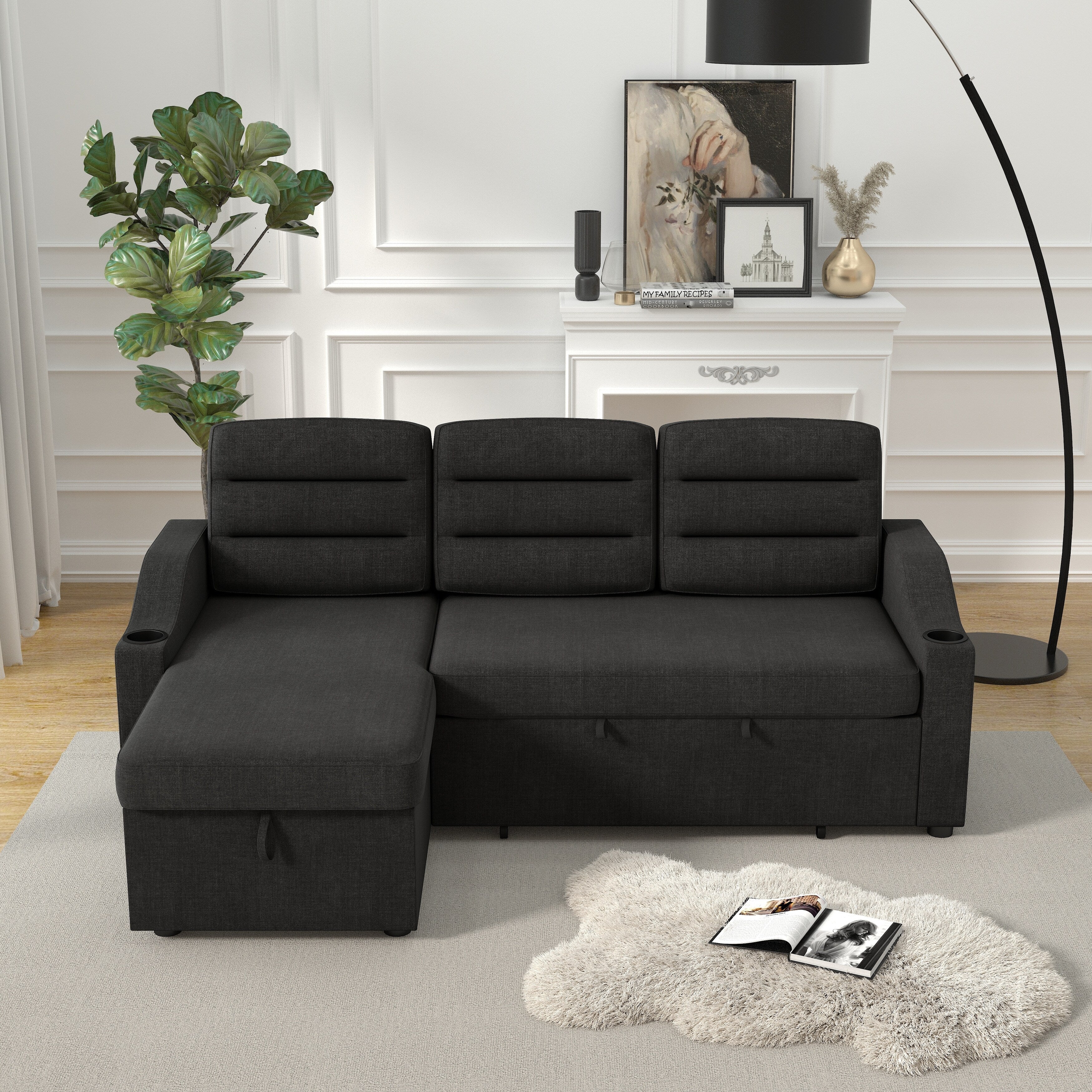 Canapé-lit 3 places en polyester noir de 83,5 pouces avec lit gigogne, fauteuil inclinable avec rangement, porte-gobelet et poches latérales