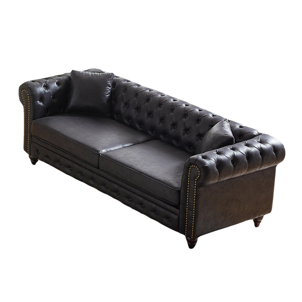 Canapé Chesterfield 3 places en tissu technique noir 85,5 avec accoudoirs roulés et 2 coussins pour le salon