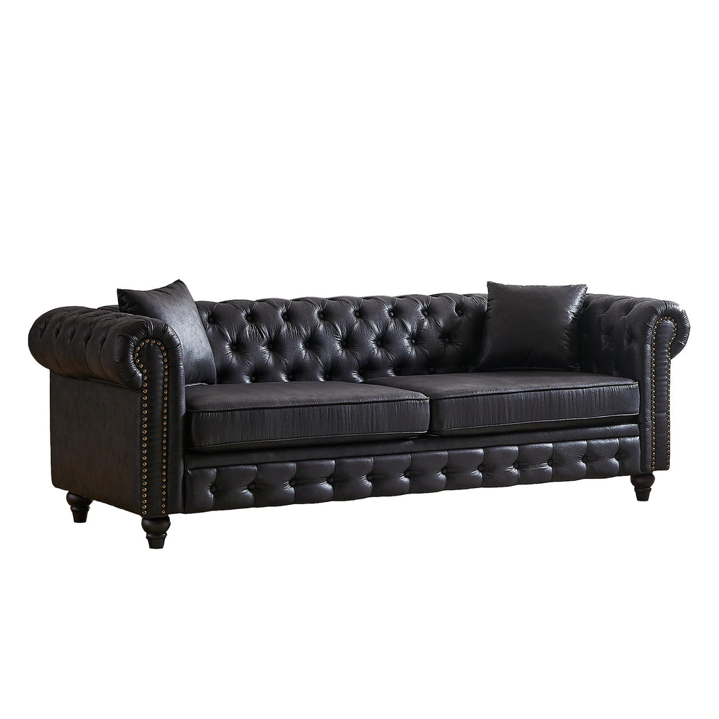 Canapé Chesterfield 3 places en tissu technique noir 85,5 avec accoudoirs roulés et 2 coussins pour le salon