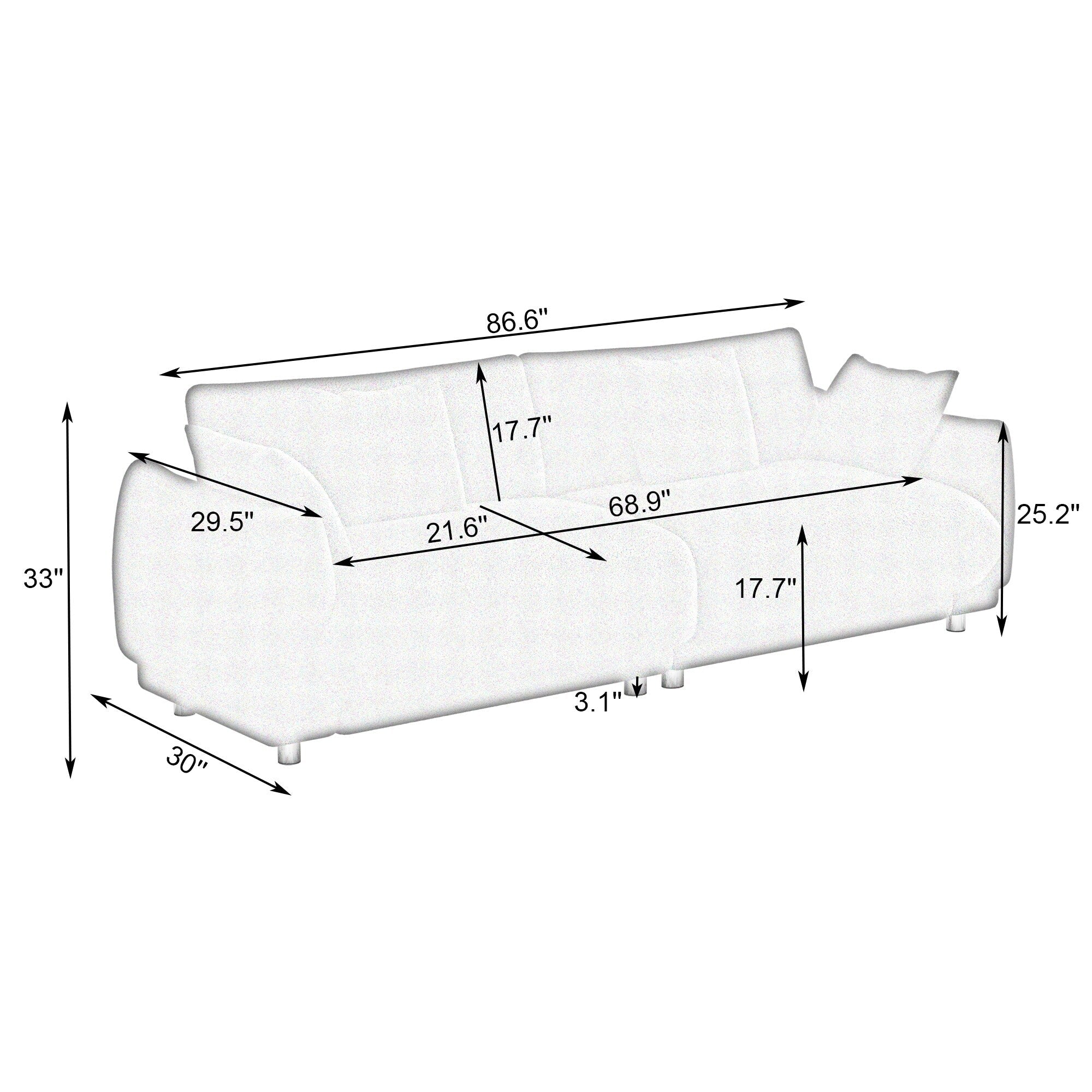 Canapé 3 places compact en laine Teddy noir de 86,6 pouces avec revêtement antitache, pieds en métal et 4 coussins