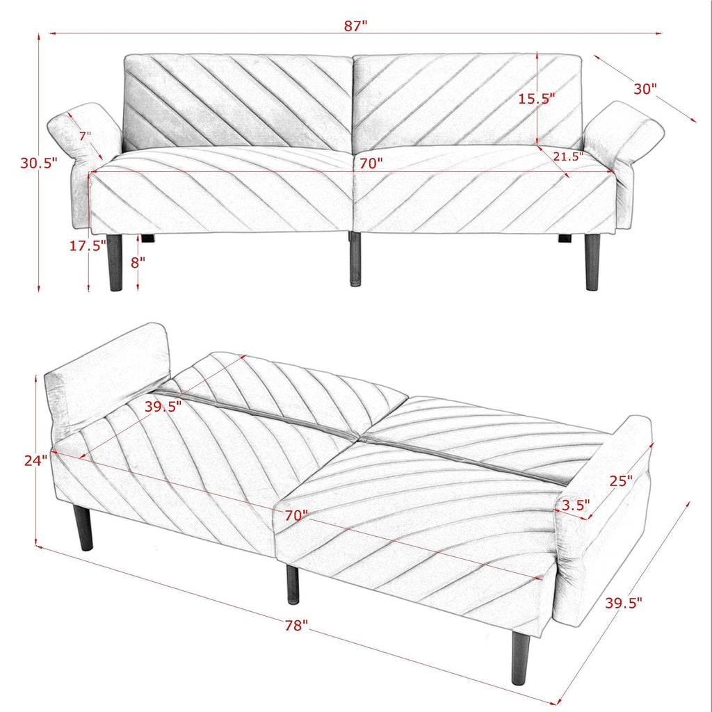 Canapé-lit futon convertible capitonné en velours noir 87 avec accoudoirs réglables pour salon