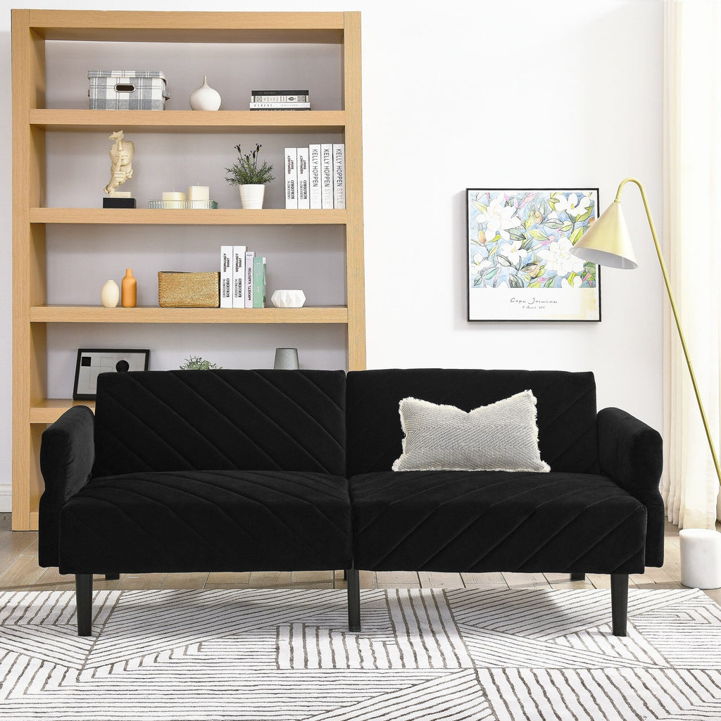Canapé-lit futon convertible capitonné en velours noir 87 avec accoudoirs réglables pour salon