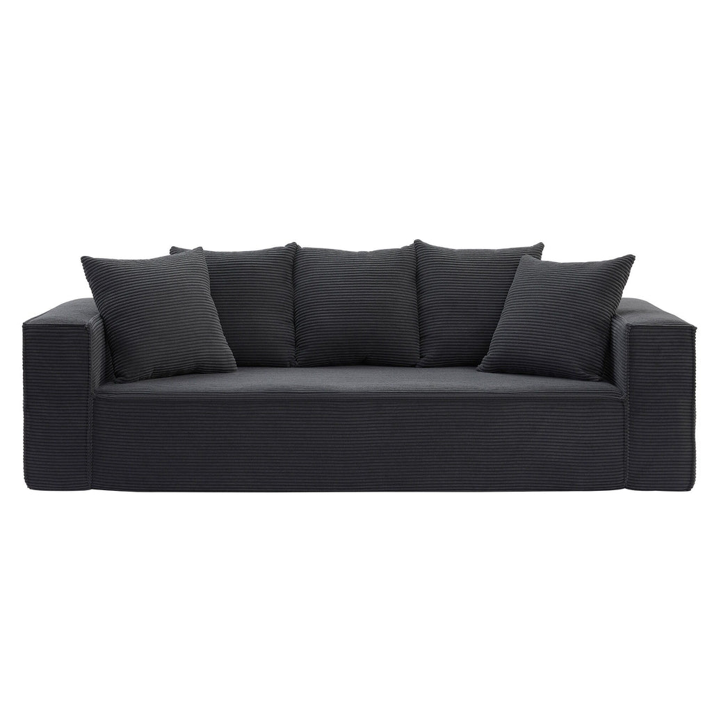 Canapé 3 places en velours côtelé noir de 225 cm avec 5 coussins décoratifs, design modulaire élégant pour un salon moderne