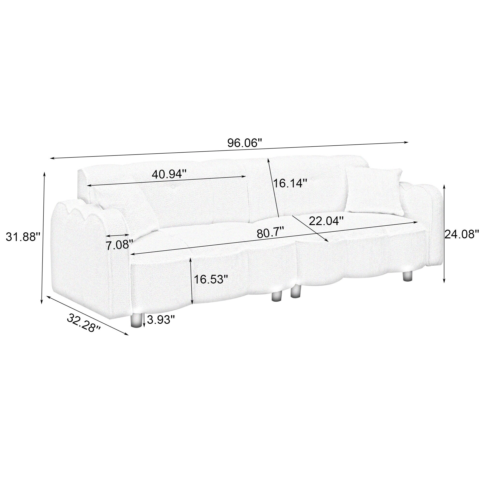 Canapé 3 places en peluche Teddy noir 96.06, design nuage spécial, avec assise en mousse épaisse et coussins pour le salon