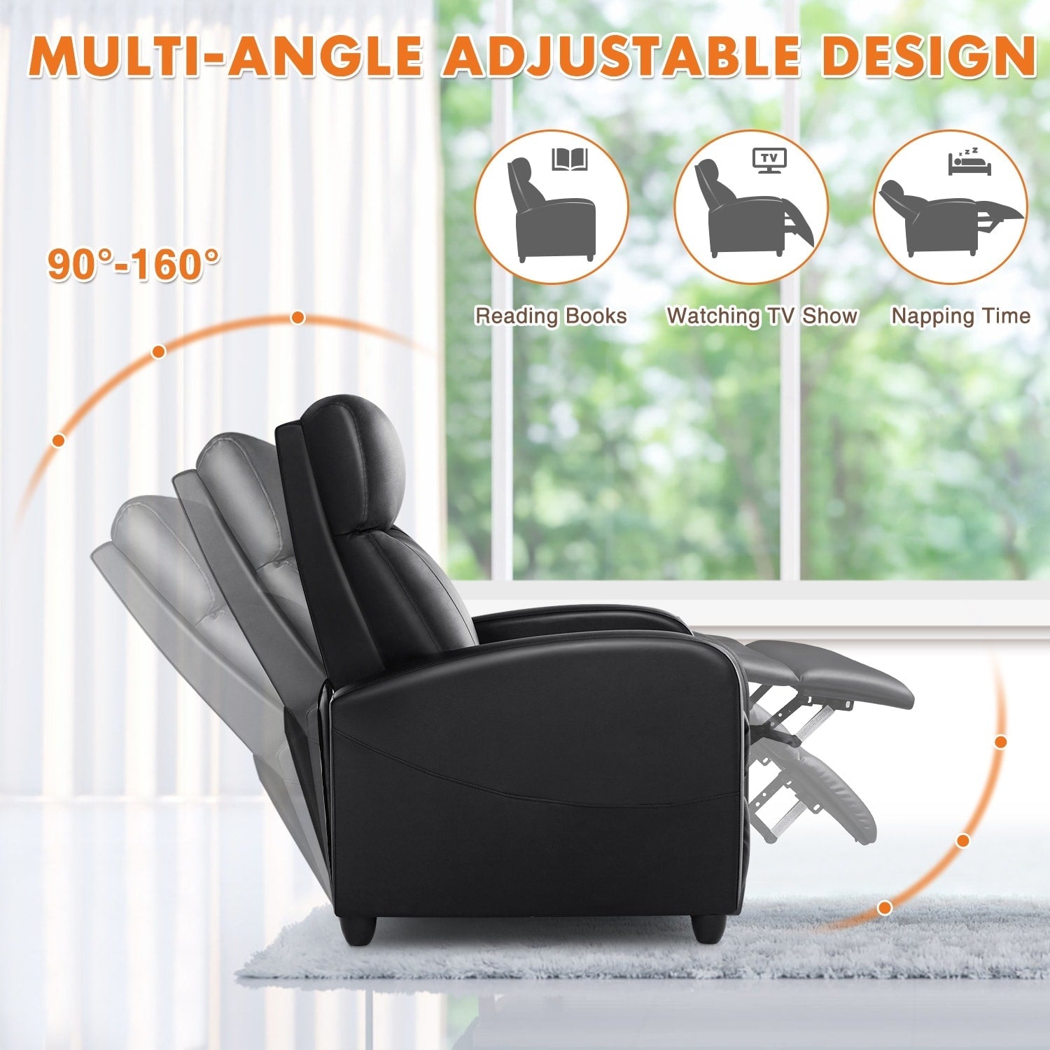 Fauteuil inclinable réglable noir avec soutien lombaire, 8 modes de massage et fonctions chauffantes