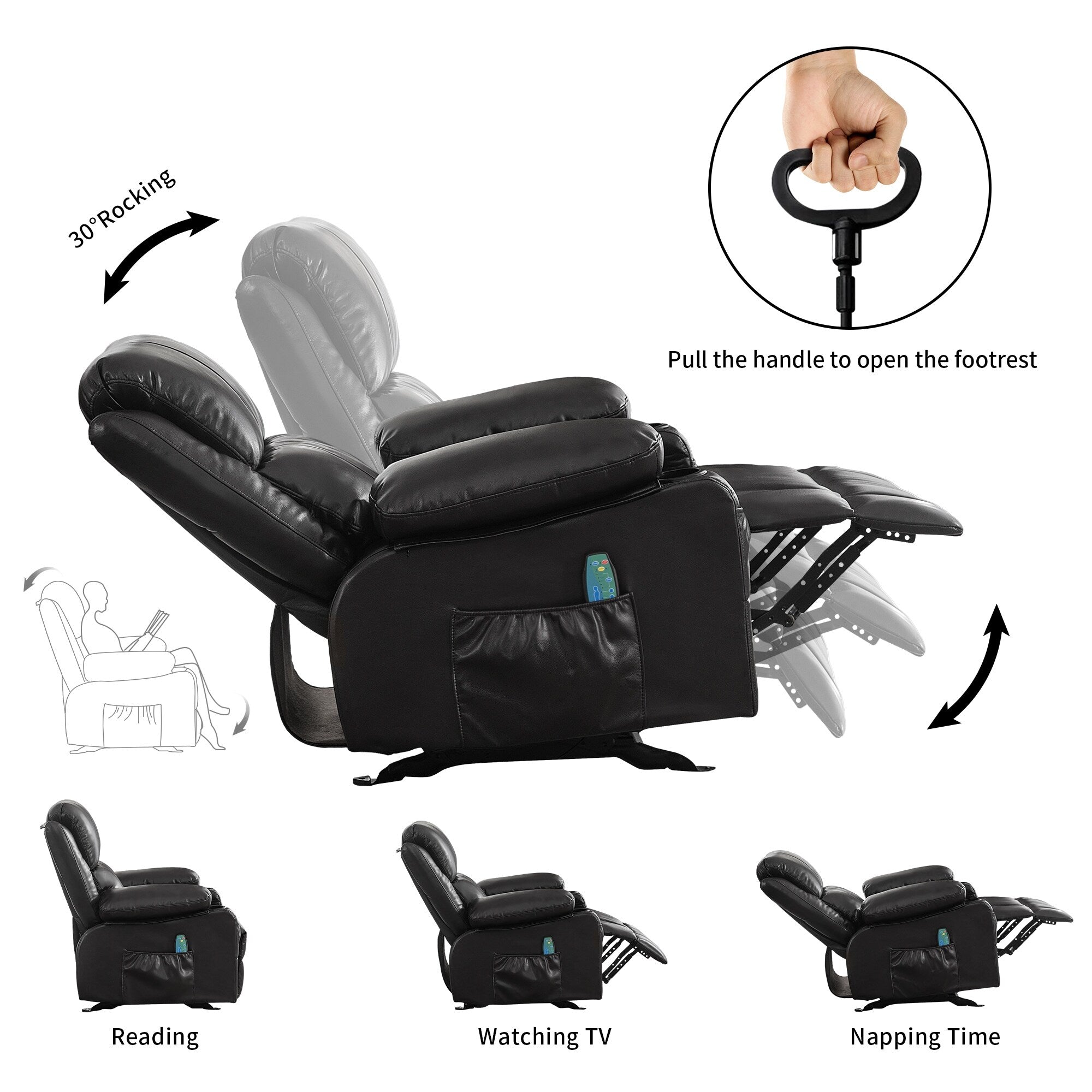 Fauteuil inclinable réglable noir avec massage, fonctions chauffantes, chargement USB, 2 porte-gobelets et rangement latéral