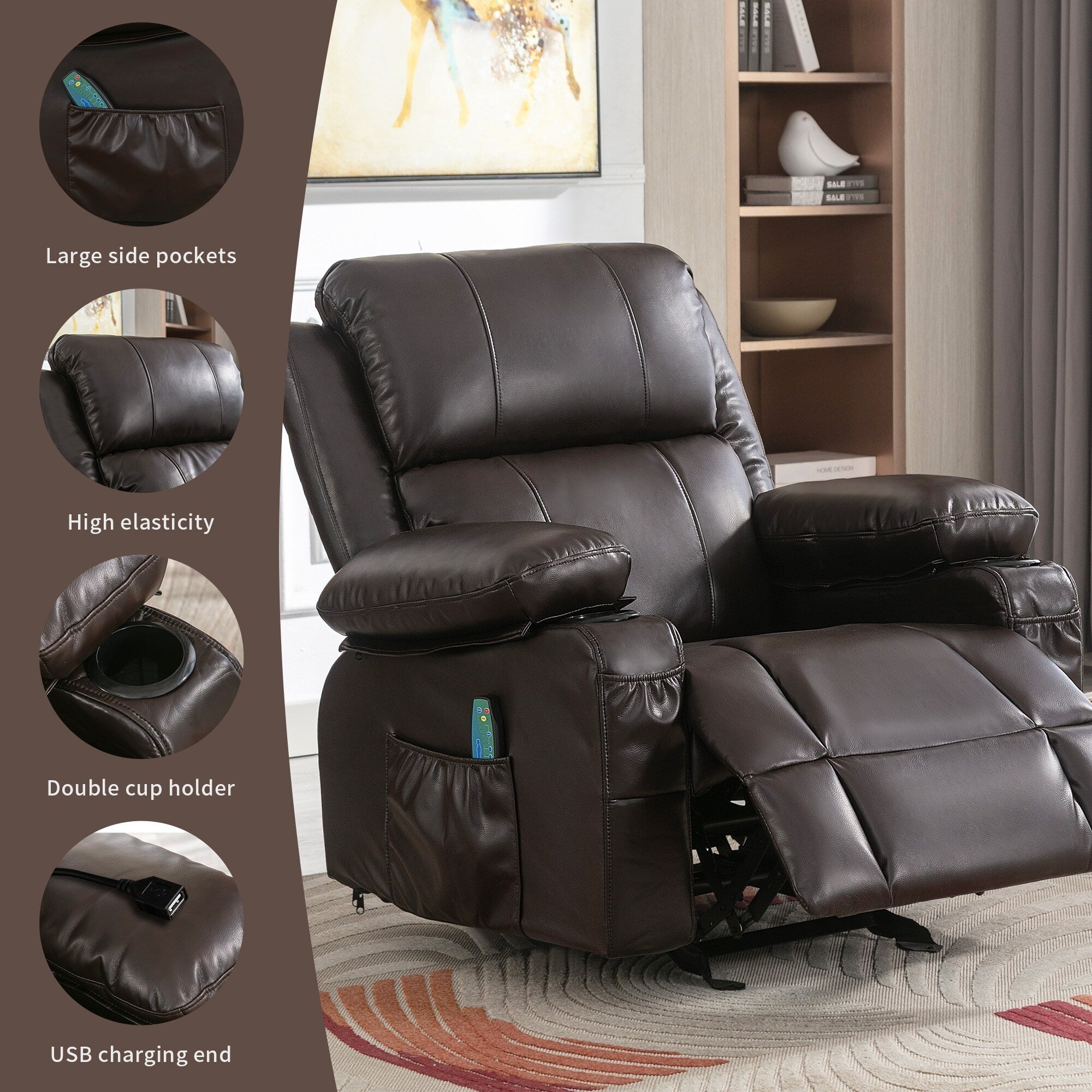 Fauteuil inclinable réglable noir avec massage, fonctions chauffantes, chargement USB, 2 porte-gobelets et rangement latéral