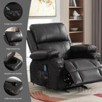 Fauteuil inclinable réglable noir avec massage, fonctions chauffantes, chargement USB, 2 porte-gobelets et rangement latéral