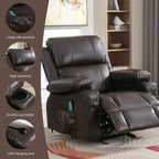 Fauteuil inclinable réglable noir avec massage, chauffage, chargement USB, deux porte-gobelets et rangement latéral