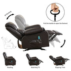 Fauteuil inclinable réglable noir avec massage, chauffage, chargement USB, deux porte-gobelets et rangement latéral