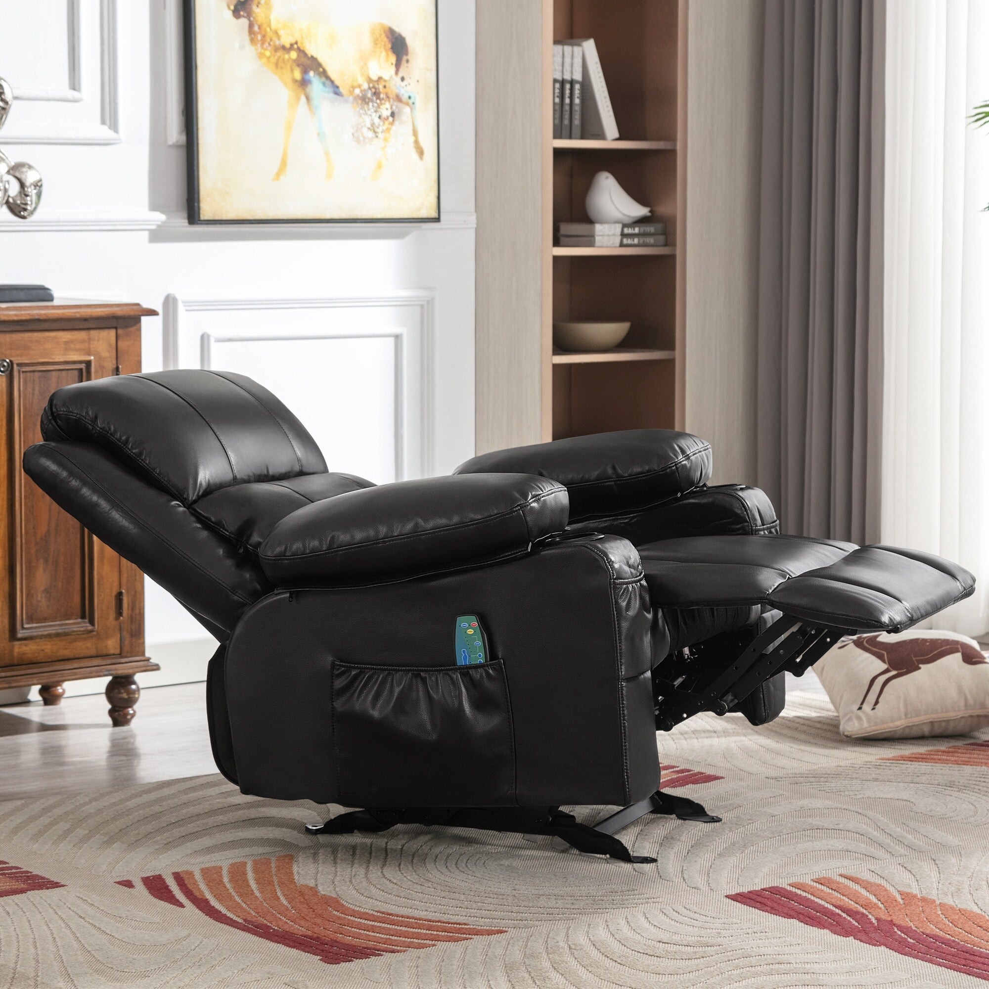 Fauteuil inclinable réglable noir avec massage, chauffage, chargement USB, deux porte-gobelets et rangement latéral