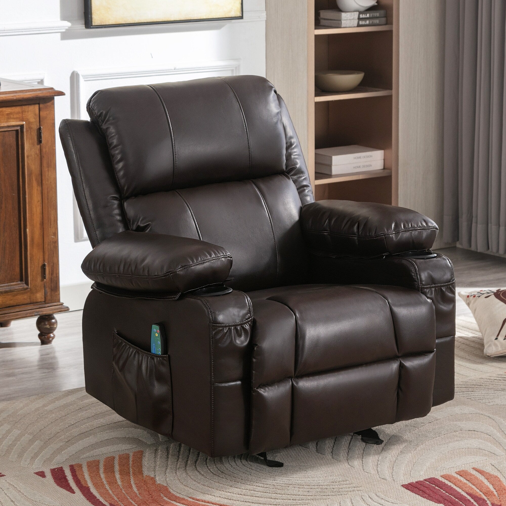 Fauteuil inclinable réglable noir avec massage, chauffage, port USB et rangement latéral