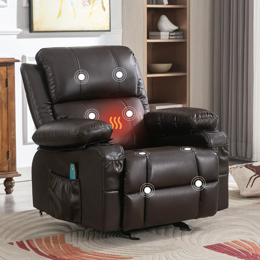 Fauteuil inclinable réglable noir avec massage, fonctions chauffantes, chargement USB, deux porte-gobelets et rangements latéraux